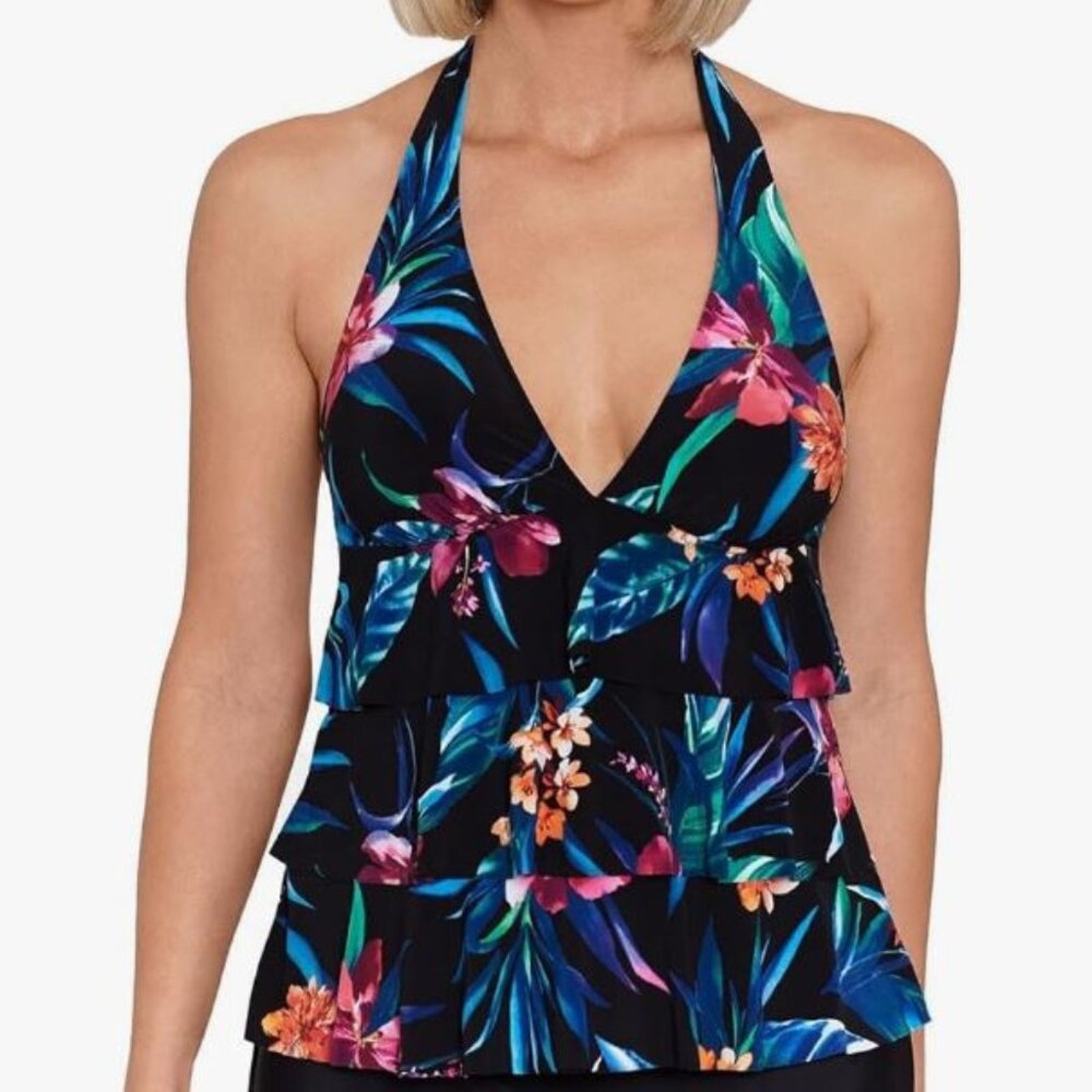 Swim Solutions Plus Women's Floral Triple Tiered Halter Tankini Top Nwt Size 18